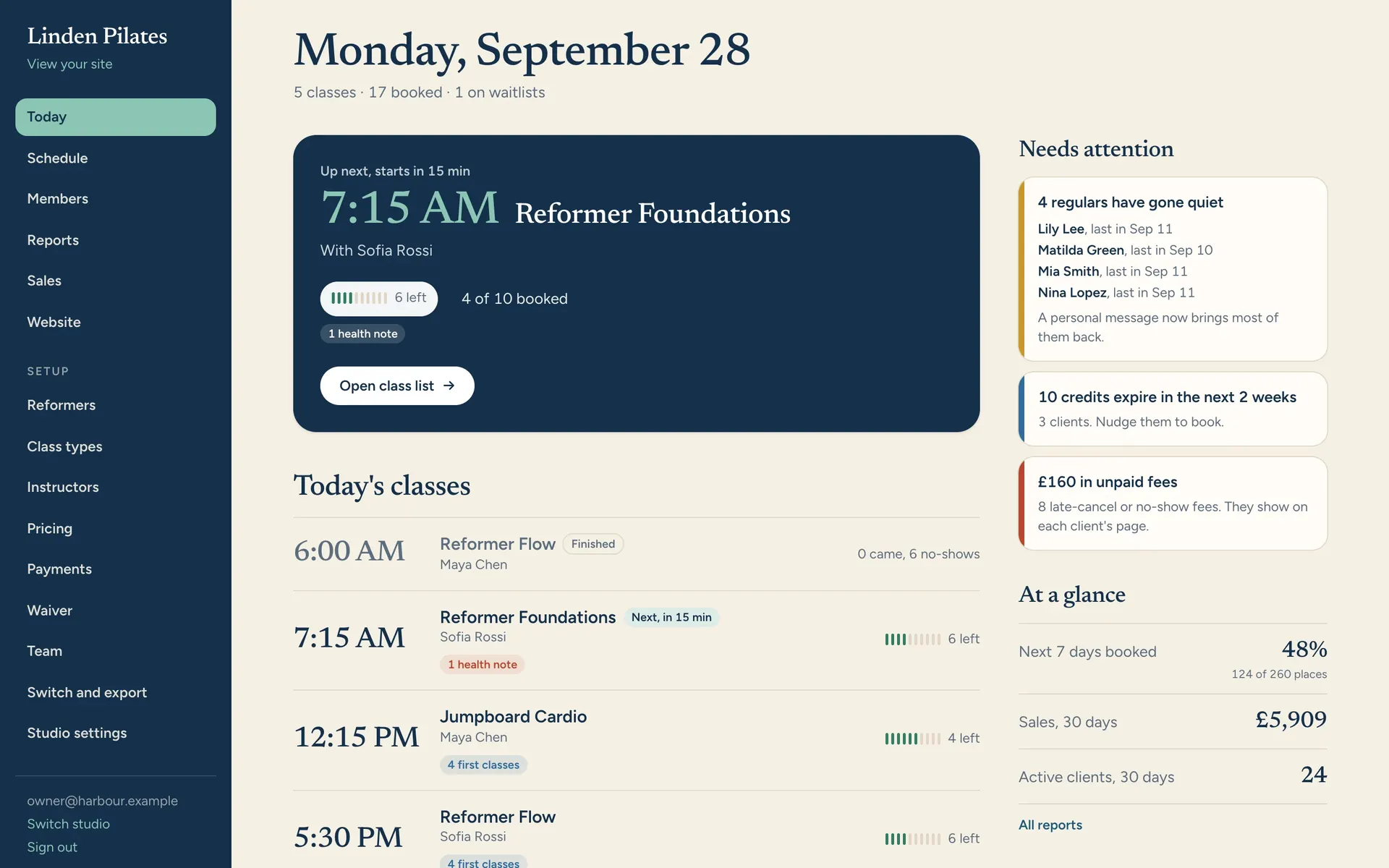 The Today screen: the next class with its bookings, health notes and first-timers, and who needs attention