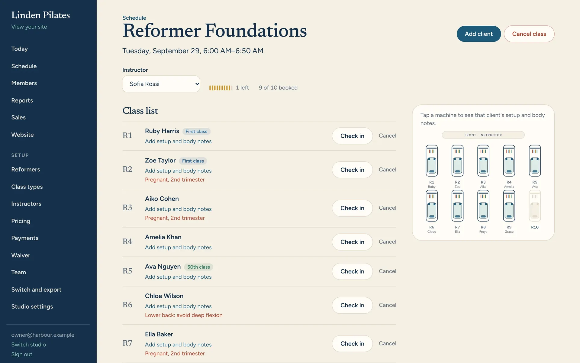 A class list with reformer numbers, first-class tags, health notes and the floor map